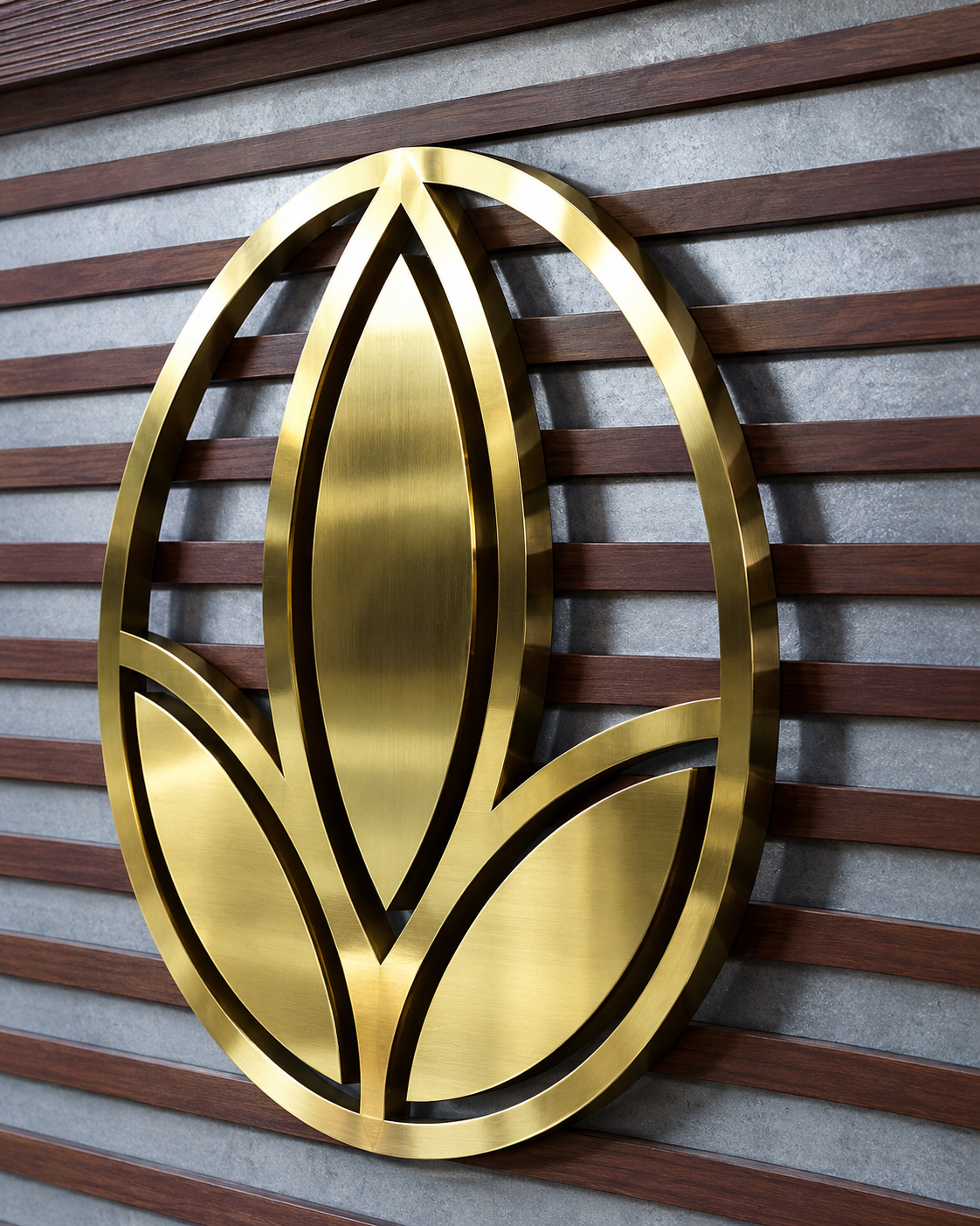 Golden lotus emblem on a wooden wall